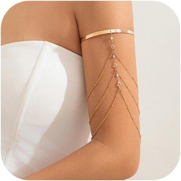 Women's Simple Crystal Bead Tassel Upper Arm Chain Bracelet Multi-layered - Picture 1 of 7